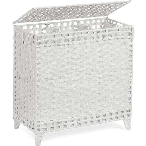 Laundry Hamper with 3 Removable Liner Bags; 132L Handwoven Rattan Laundry Basket with Lid & Heightened Feet; Clothes Hamper with Side Handles; Laundry Sorter with 3 Separate Sections (White)