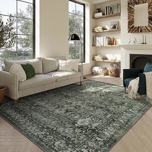 Lahome 6x9 Boho Green Area Rugs Washable Rugs for Living Room,Large Rugs for Bedroom Aesthetic,Distressed Non Slip Low Pile Dining Room Rug Carpet for Home Office Playroom(6'x9',Green)