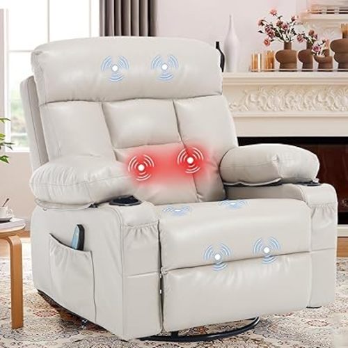 Swivel Rocker Recliner with Massage and Heat, Overstuffed Breathable Faux Leather Recliners for Adults, Manual Modern Single Small Rocking Reclining Chair for Living Room with Cup Holders, Beige