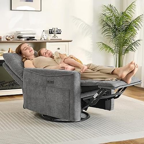 Power Swivel Rocker Recliner,Fabric Glider Recliner Nursery Chair,Small Rocking Chair,Single Reclining Sofa with Lumbar Support,USB&Type-C Ports,Living Room Home Threater Seat, Flint Grey