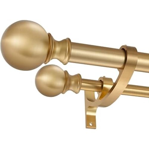 Double Curtain Rods Warm Gold, Double Rod Curtain for Window 28-48 Inches, Adjustable Double Drapery Rod with Round Finials, 1-Inch Front and 5/8 Inch Back Double Rod Curtain Rods Warm Gold