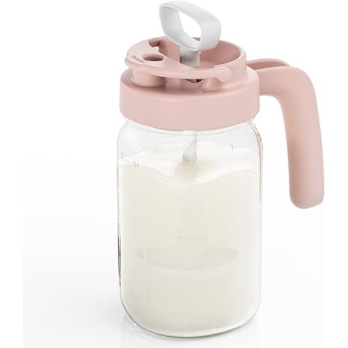 Papablic Glass Formula Mixing Pitcher, Breastmilk Pitcher with Mixing Handle Lid, 24 Oz Wide Mouth Mason Jar Mixer with Flip Locking Spout, Easy to Clean, BPA Free, Pink