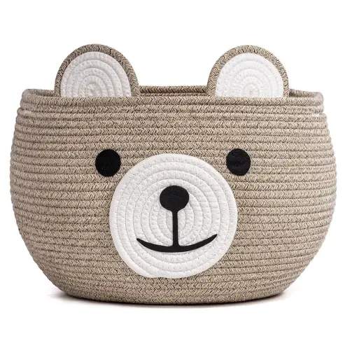 CherryNow Baby Basket for Nursery, Bear Gift Baskets for Kids, Baby Shower Basket with Handles, Small Cute Animal Baskets, Light Brown, 15.7" D x 10.5" H