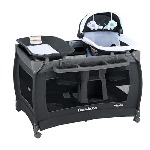 Pamo Babe Magic Fold Playpen Portable Cribs Foldable Playpen Baby Playard One-Hand Folding Playards with Sleep Nest Newborn Bassinet Diaper Changer and Storage Spaces