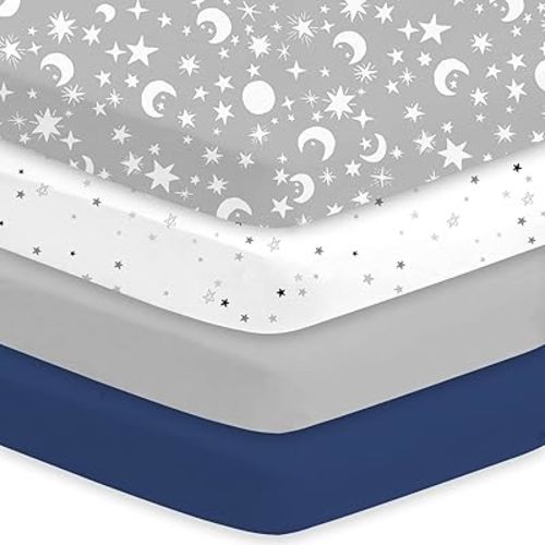 Little Grape Land Crib Sheets 4 Pack, Baby Crib Sheet Set for Standard Crib & Toddler Mattress, Super Soft Breathable Crib Mattress Sheets Fitted Girl & Boy, Grey & Navy Blue