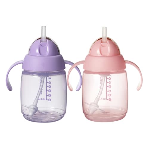 Tommee Tippee Starter Straw Cup, Easy Transition Toddler Cup For 6 Months+, 10oz with Silicone Weighted Straw and Easy-Hold Handles, Pack of 2, Pink and Purple