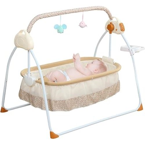 Foldable Baby Cradle Swing, Bluetooth Electric Auto-Swing Baby Cradle Crib, Adjustable 5 Speed Infant Rocking Chair Bed with Remote Control for 0-18 Months Newborn