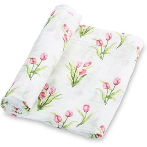 Swaddle Blanket | 100% Muslin Cotton | Newborn and Baby Nursery Essentials for Girls, Registry | Tulip Flower Print
