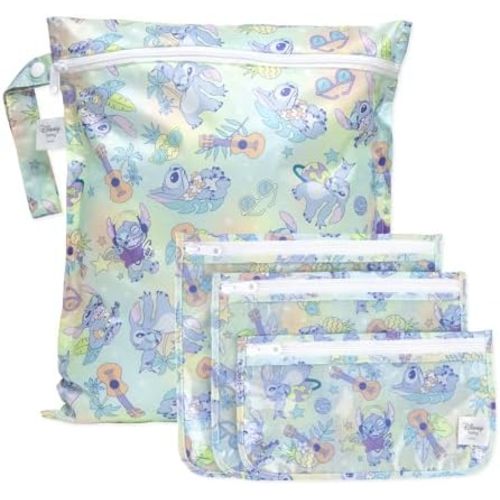 Bumkins Disney Stitch Waterproof Wet Bag and Packing Pouches, TSA Airline Compliant, Pack for Baby, Travel, Swim Suit, Cloth Diapers, Pump Parts, Pool, Gym Clothes, Toiletry, Daycare, Zip Bag, 4-pc