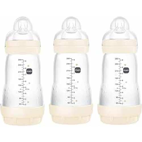 MAM Easy Start Anti-Colic Bottle, Baby Essentials, Medium Flow Bottles with Silicone Nipple, Unisex Baby Bottles, Designs May Vary, 9 oz (3-Count),