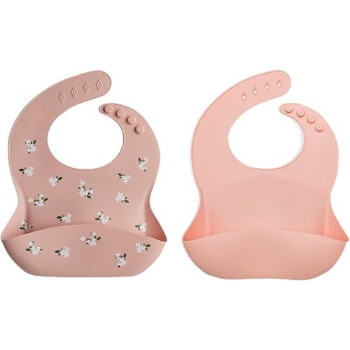 Loulou Lollipop 2 pack Silicone Bib set - White Flower/Pink Quartz, waterproof 2 pk for baby, infant, toddler