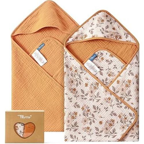 TILLYOU Muslin Hooded Baby Towels for Newborn 2 Pack, 32x32Inch Soft Baby Bath Towel Highly Absorbent for Newborn and Infant, Essential for Newborn Care, Yellow Flower