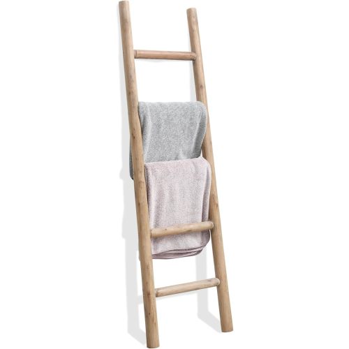FUIN 57in Wood Blanket Ladder Living Room Decorative Wall Leaning Farmhouse Quilt Display Holder Rustic Wooden Towel Rack for Bathroom, Brown