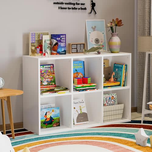 White Bookshelf 6-Cube Storage Organizer | Open Cubby Shelving Unit with Extra Thick Edges - Space-Saving Wooden Shelf for Home Office & Display Storage (White)