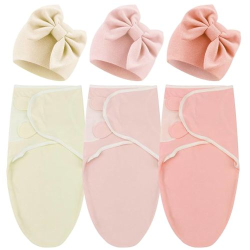 DRESHOW BQUBO 3 Pack Baby Swaddle Sleep Sacks Baby Swaddling Blanket Wrap Newborn Swaddle Sack with Big Bow Hat for Boys Girls 6-12 Lbs Newborns & 0-3 Months Girls Boys