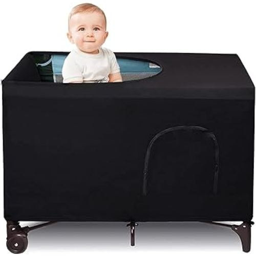 Pack N Play Blackout Cover Portable Stretchy Breathable Travel Netting Crib Cover and Shade Stretch Up to 40"×30" for Travel Cribs Indoor and Outdoor Children's Sleep Safety (Black)