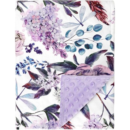 Purple Baby Blankets, Floral Minky Toddler Blanket for Boys Girls, Dotted Backing, Double Layer, Crib Receiving Blanket, for Nursery/Stroller/Toddler Bed/Carseat, 30 x 40 Inch