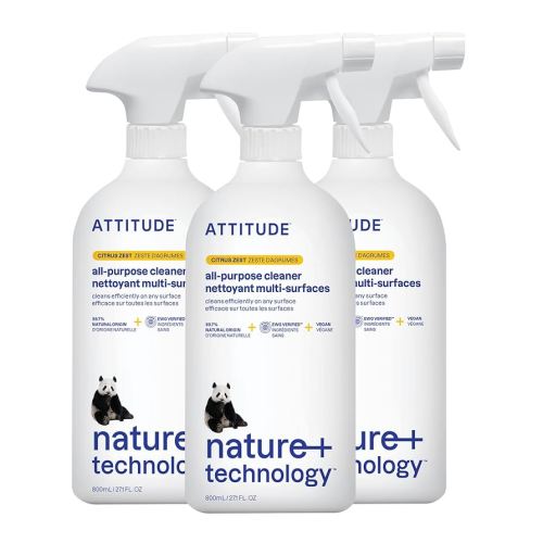 ATTITUDE All Purpose Cleaner Spray, EWG Verified, Vegan, Made with 94% Plant-Based Ingredients, Streak-Free for Kitchen, Bathroom, Glass & More, Citrus Zest, 27.1 Fl Oz (Pack of 3)