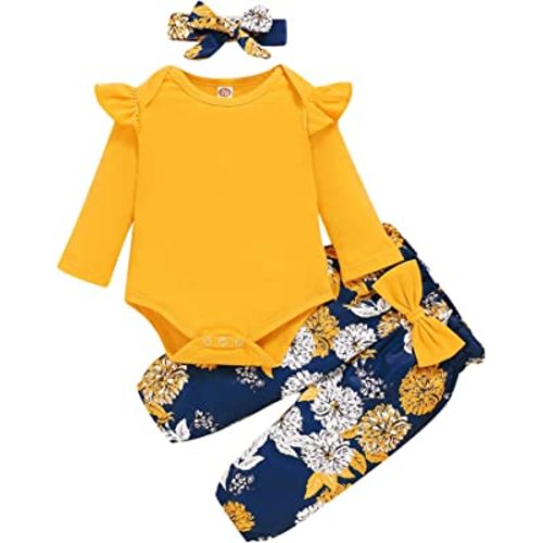 Saeaby Newborn Baby Girl Clothes Fall Winter Outfit Set Ruffle Infant Romper Bodysuit Long Pants Cute Baby Clothes for Girls