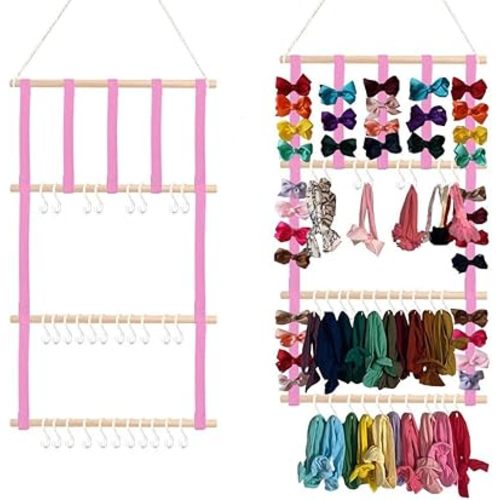 Headbands & Bow Holder for Girls Hair Bows, Baby Headband Holder Organizer Hanging Newborn Hair Bow Storage Hair Accessories, Wall Hanging Decor for Baby Girls Room, Wall, Door (Pink)