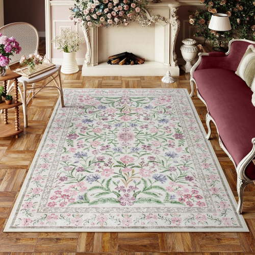 Moynesa 5'x7' Boho Purple Floral Area Rugs, Machine Washable Area Rugs for Living Room, Nursery Rugs for Bedroom, Soft Non-Slip Rug for Kids Room Girls Playroom, Pale Lilac