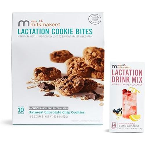 Munchkin® Milkmakers® 10pk Lactation Cookie Bites, Oatmeal Chocolate Chip and 14pk Lactation Drink Mix Supplement, Berry Lemonade