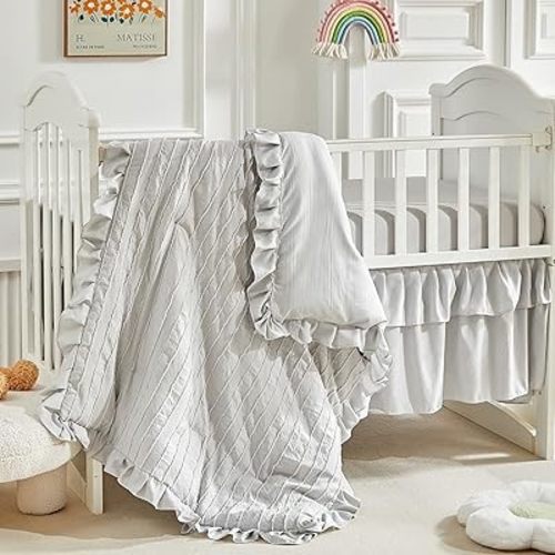 3 Pieces Tufted Stripes Crib Bedding Set with Ruffle Fringe, Grey Ruffled Comforter with Fitted Sheet and Bed Skirt, Soft and Embroidery Shabby Chic Boho Bohemian Jacquard Design for Baby Boys Girls