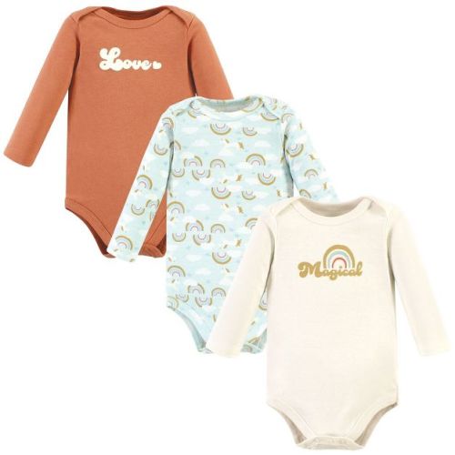 Hudson Baby Infant Girl Cotton Long-sleeve Bodysuits, Magical Rainbow 3-pack, 0-3 Months