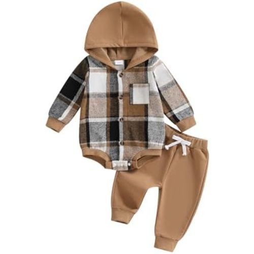 Douhoow Infant Baby Fall Clothes Boy Girl Plaid Hoodie Sweatshirt Romper Flannel Tops+ Sweatpants Festival Outfits