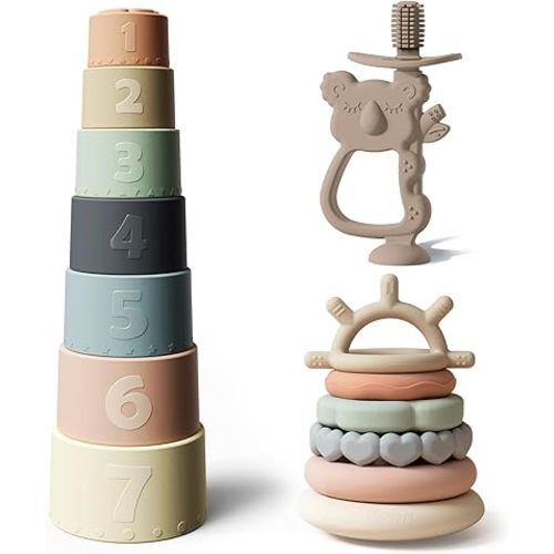Moonkie Baby Toy Bundle | Stacking Cups & Rings + Koala Silicone Teether | 3-in-1 Educational & Teething Set for Babies 6-12 Months | Soft BPA-Free Silicone Toys for Learning, Teething & Play