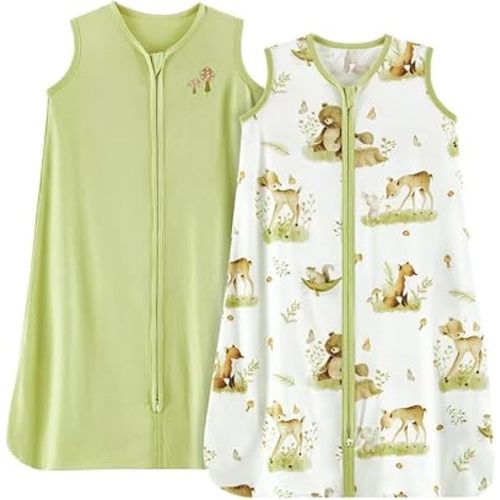 TILLYOU Sleep Sack 12-18 Months - 0.5 TOG Baby sleep sacks with 2-Way Zipper, Lightweight Cotton Summer Sleeping sack 2 Pack, Playing in the woods and green