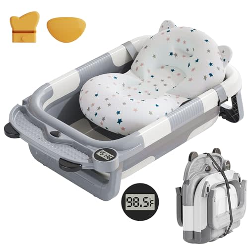 BBtinker Collapsible Baby Bathtub for Newborn with Real-time Temp Monitor + Soft Floating Cushion Durable Foldable Baby Tubs for Infants to Toddler, Portable Travel Bathtub with Drain Hole Grey