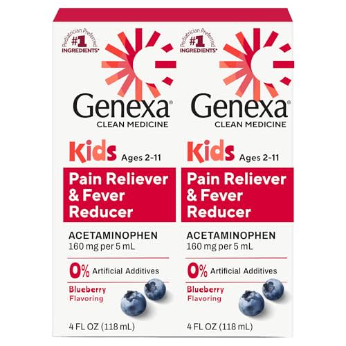 Genexa Children's Clean Acetaminophen | Pediatrician Preferred Ingredients | Pain & Fever Reducer for Kids | Dye Free, 0% Artificial Additives | Ages 2-11, Delicious Organic Blueberry Liquid, 4 fl oz