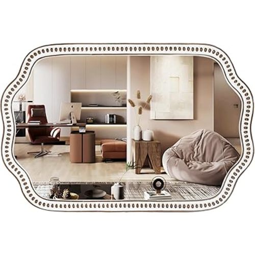 Scalloped Wooden Wall Mirror, 24"x36" Wave-Edged Frame, Elegant Decorative Mirrors for Living Room, Bedroom, Entryway, Bathroom Over Sink - Horizontal/Vertical Mount