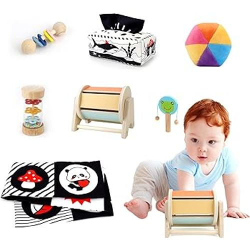 Montessori Toys for Babies 0-6 Months, 7 in 1 Learning Educational Set Newborn Toys 6-12 Months, Rainbow Ball, Baby Black and White Books, Tissue Box Toy, Spinning Drum, Rattle Toy
