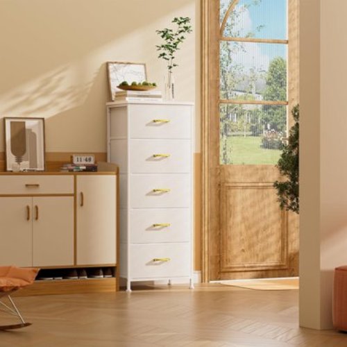 White 5-Drawer Tall Dresser for Bedroom & Closet, with Leather Front, Metal Handles, Wood Top ，for Living Room, Nursery, and More, White