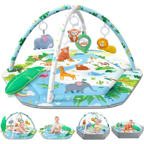 Baby Gym Play Mat, 8-in-1 Tummy Time Mat & Activity Gym Mat Ball Pit with Detachable Toys, Washable Infant Play Mat for Visual, Hearing, Sensory, Motor Development, Newborn Baby Toys Gift for Toddler 0-3-6-9-12 Months Easy to Install