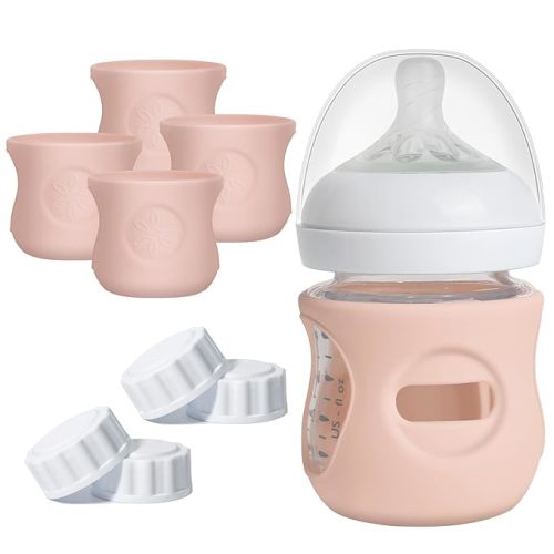 4 Pack Silicone Sleeves for Philips Avent Natural Bottle, Food Grade Silicone Cover and 4pcs Travel Caps, Lids Replacement (4Pink, 4oz)