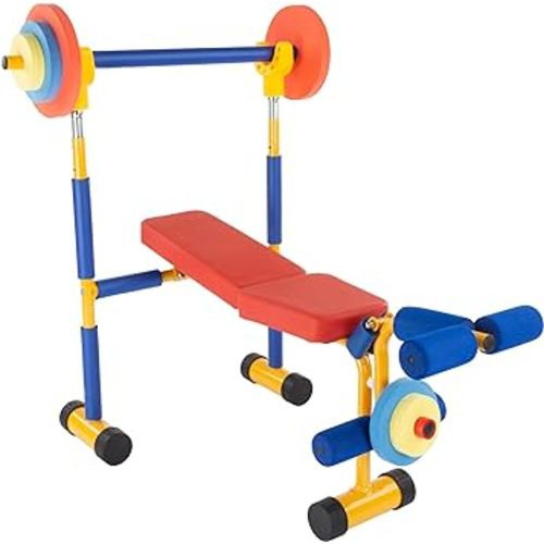Hey! Play! Kids Weight Bench Set - Toddler Gym for Beginner Exercises and Weightlifting with Leg Press and Barbell - Toys for Ages 3 and Up Medium