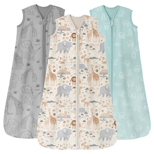 Unnivoll Baby Sleep Sack 6-12 Months 0.5 Tog Wearable Blanket Baby, 3 Pack 100% Cotton Lightweight Sleeping Sack with 2-Way Zipper for Newborn Infant Apricot Gray Green Elephant