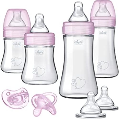 Chicco Duo Newborn Hybrid Baby Bottle Starter Gift Set with Invinci-Glass Inside/Plastic Outside - Pink