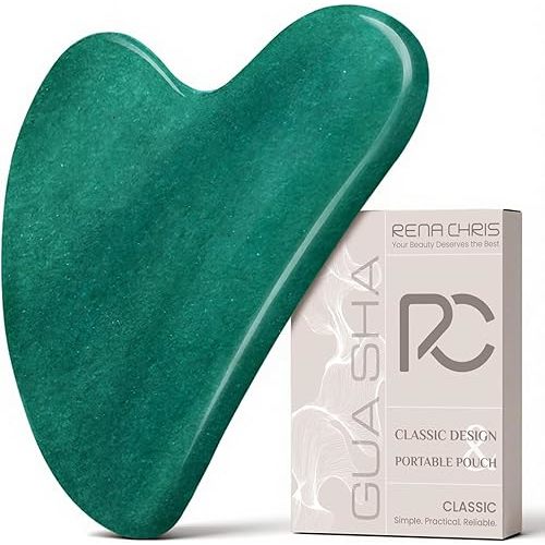 Rena Chris Gua Sha Facial Tools: Jade Stone Guasha Tool for Face Acupuncture Therapy, Facial Massager for Jawline Sculpting and Puffiness Reducing (Green)