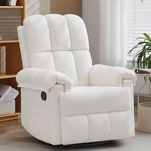 Recliner Chair, Swivel Rocker Recliner Chair for Adults, Small Recliners for Small Spaces, Upholstered Manual Recliner with Side Pockets, Nursery Rocking Chair for Living Room, Chenille, Beige