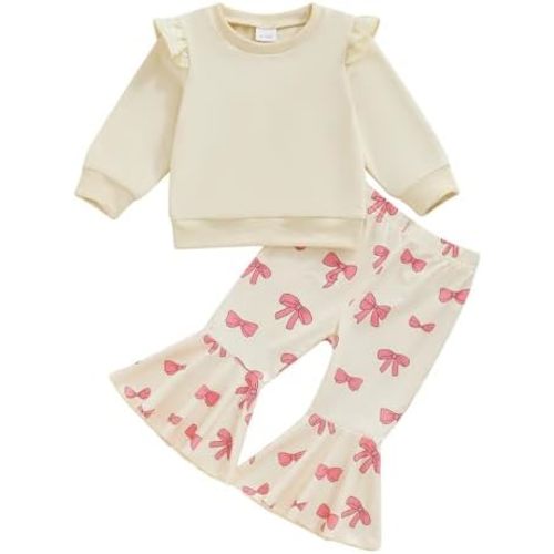 Toddler Infant Baby Girl Clothes Warm Fall Winter Outfits Solid Fly Sleeve Sweatshirt Bow Bell Bottoms Pants