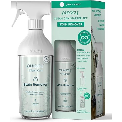 Puracy Clean Can Laundry Stain Remover - Fabric Stain Remover for Clothes Laundry - Stain Treater - Active Enzyme Laundry Stain Remover Spray - Spot Remover for Clothes (Starter Set, Free & Clear)