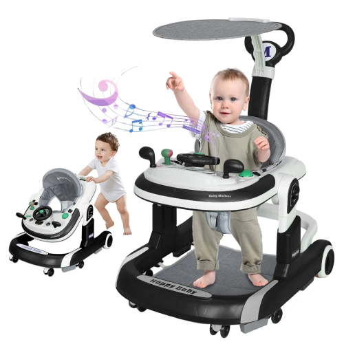 HENG Co. 5-in-1 Foldable Baby Walker with Foot Pads & Handles for Boys and Girls 6-24 Months, Black