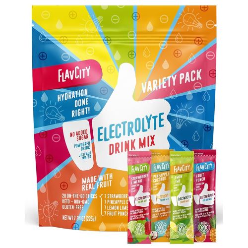 FlavCity Electrolytes Powder Packets - 28 Hydration Packets, Variety Pack - No Added Sugar - Hydration Powder with Real Fruit & Unrefined Sea Salt - Keto & Gluten-Free (28 Stick Packs)