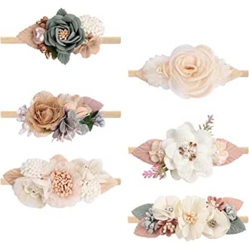VOBOBE Baby Girl Nylon Headbands Infant Flower Elastic Hair Band Bows Wraps For Newborn Toddler Hair Accessories Pack of 6 (A-Beige)