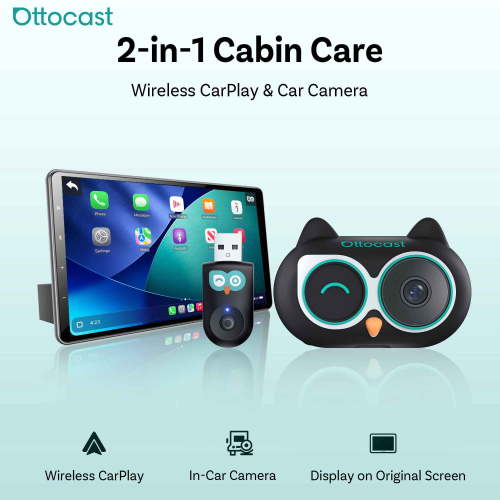 OTTOCAST Cabin Care Car Adapter with Baby Car Camera Wireless CarPlay Display on CarScreen1080P HD Rear Seat Baby Monitor Split Screen Navigation for Parents & Pet Owners
