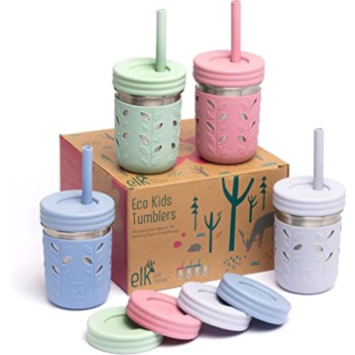 Elk and Friends Stainless Steel Cups | 10 oz Mason Jar design | Kids & Toddler Cups with Silicone Sleeves & Straws with Stopper | Smoothie Cups